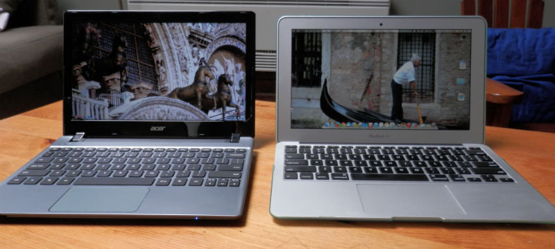 Acer C7 Chromebook beside 11" Macbook Air