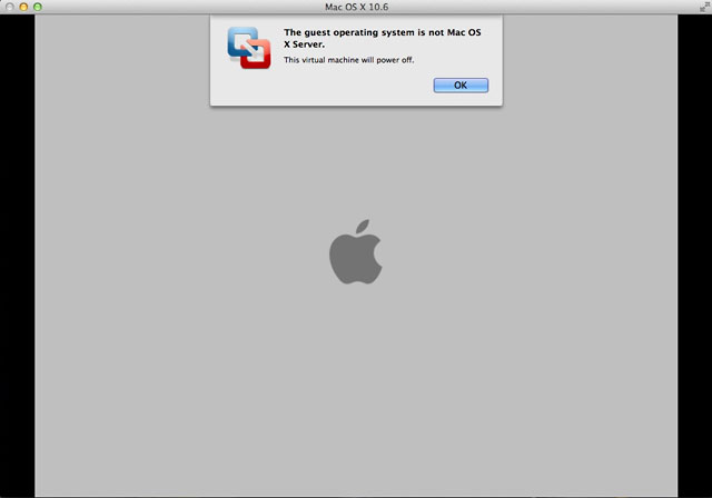 The error message VMware Fusion gives when you try to run non-server OS X virtually.