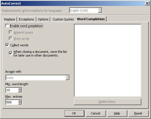 Turn off word completion