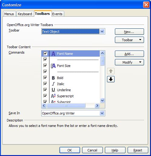 Customize Toolbar dialogue