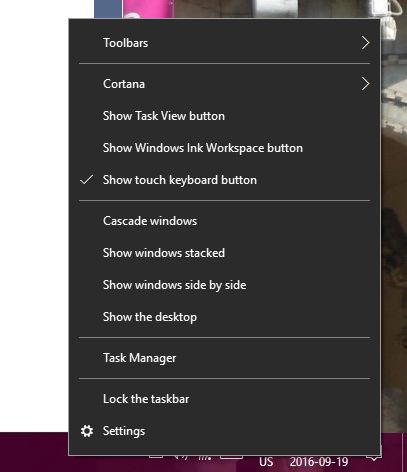 Windows Taskbar context menu