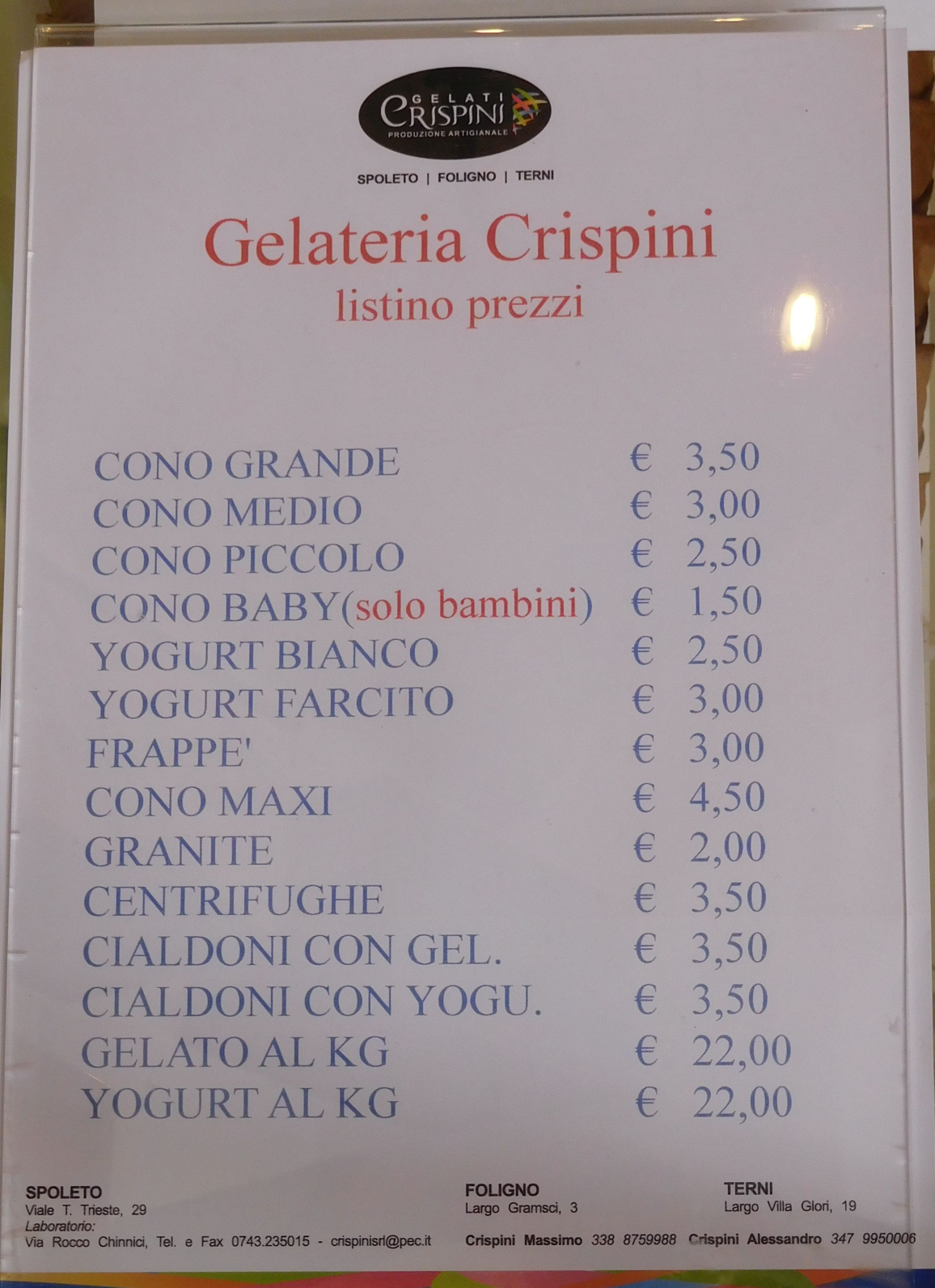 Gelato menu