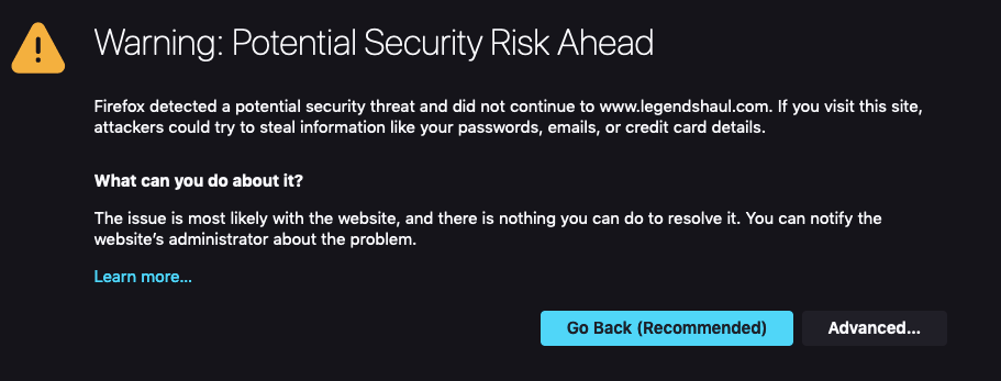 Warning: Potential Security Risk Ahead Firefox detected a potential security threat.