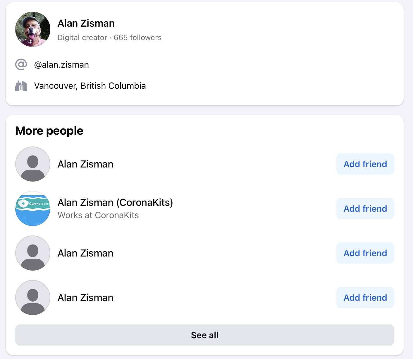Lots of Alan Zismans on Facebook